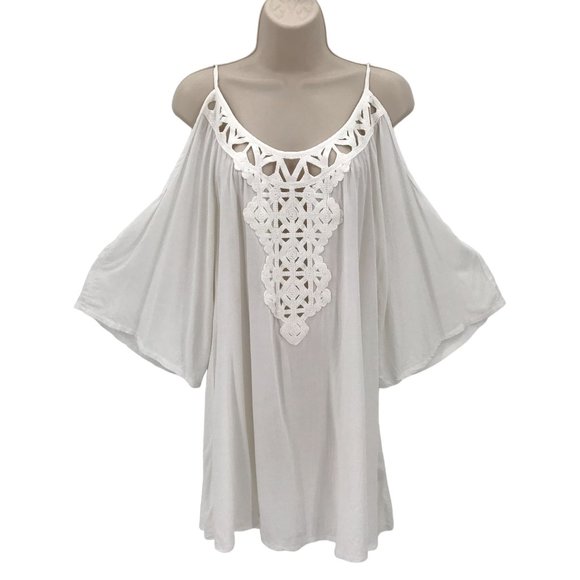 Solitaire Swim Other - Solitaire Swim Womens White Crochet Strap Cold Shoulder Bell Sleeve Swim Cover S